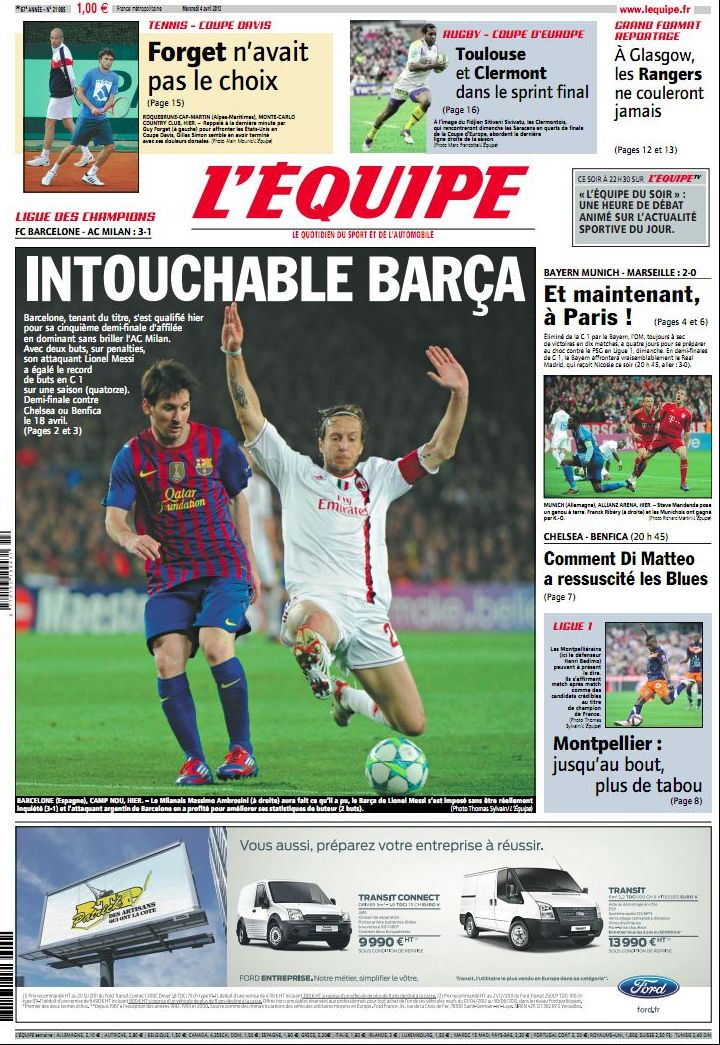 L'Equipe edition du 4 Avril 2012